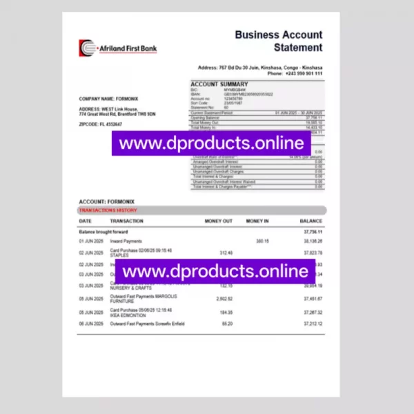 Congo (Democratic Republic) Bank Statement PDF Template
