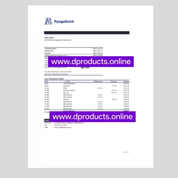 Turkmenistan Bank Statement PDF Template