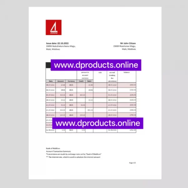 Maldives Bank Statement PDF Template
