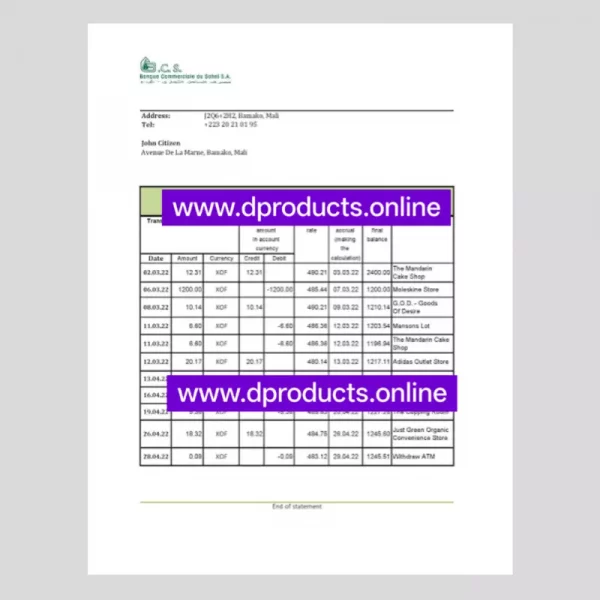Mali Bank Statement PDF Template